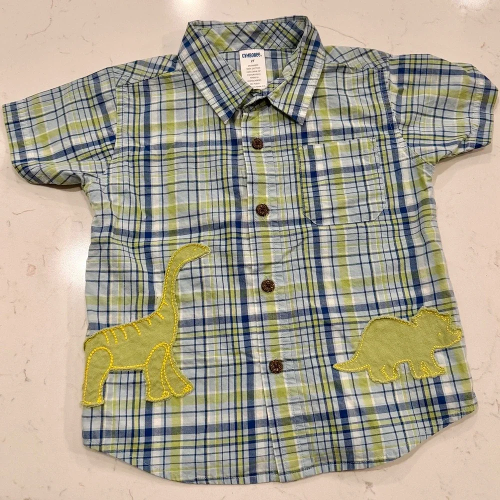 2006 Gymboree Boys Blue Green Plaid Dinosaur Applique Button Down Shirt 2T VTG